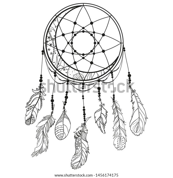 Dreamcatcher. Feathers. Abstract mystic symbol.\
Design for spiritual relaxation for adults. Line art creation.\
Black and white illustration for\
coloring