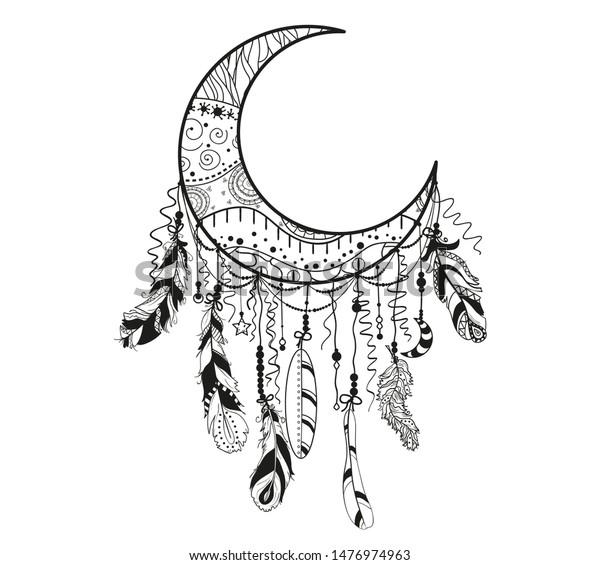 Dreamcatcher. Feathers. Abstract mystic symbol.\
Design for spiritual relaxation for adults. Black and white\
illustration for\
coloring