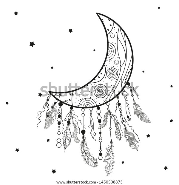 Dreamcatcher on white. Abstract mystic symbol.\
Design for spiritual relaxation for adults. Black and white\
illustration for\
coloring
