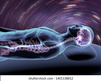 Dreaming Man With X-ray Brain And Spine, 3D Illustration