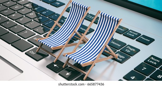 Dreaming Summer Vacation At Work. Beach Holiday Chairs On A Computer, Office Desk. 3d Illustration