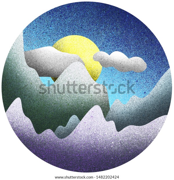 Dreamlike hand drawn paintings in a circle shape with\
mountains and\
sun