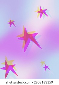 Dreamy abstract star background featuring colorful overlapping translucent stars on a soft pastel purple, pink, and blue aura gradient. Modern holographic-inspired illustration with grain texture, creating a playful and whimsical aesthetic perfect for posters, social media, wallpapers, branding, stationery, and creative design projects.