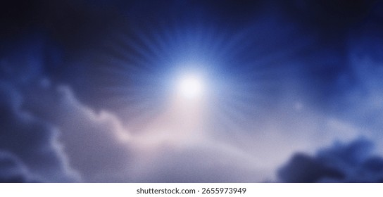 Dreamy Blue Celestial Light Rays and Clouds Background
