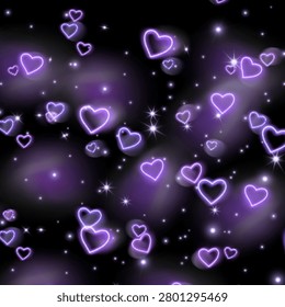 A dreamy, celestial pattern of glowing neon purple outline hearts scattered across a black background, enhanced by soft purple nebulous clouds and twinkling white starry sparkles.