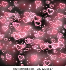 A dreamy, celestial pattern of glowing neon purple outline hearts scattered across a black background, enhanced by soft pink nebulous clouds and twinkling white starry sparkles.
