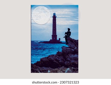 dreamy lighthouse view  man sit the cliff near sea  full moon night near lighthouse dreamy art 