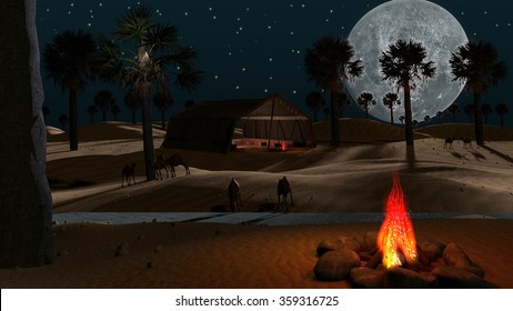 Dreamy Night Desert With Camels, Full Moon, Fire And Arabian Tent