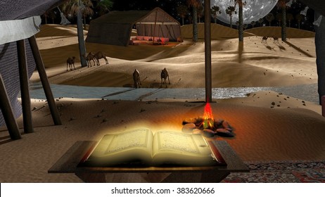 Dreamy Night Desert With The Holdy Quran, Camels, Full Moon, Fire And Arabian Tent