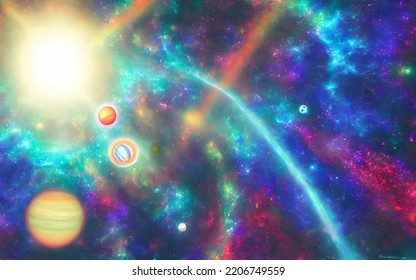 The Dreamy Psychedelic Solar System Has Planets And Stars That Look Like They're Made Out Of Cotton Candy. They Swirl Around In A Colorful, Mesmerizing Way.