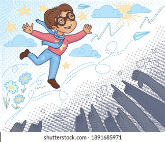 A Dreamy, Purposeful, Happy Boy In Flight To A Dream. Reaches The Goal No Matter Who. Clouds, Stars, Sun, Flying Paper Airplanes. The Boy Flies To The Goal