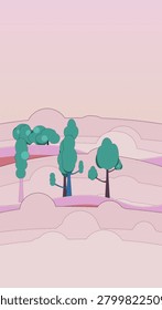Dreamy sky forest backdrop with soft sky depth, two floating tree layers, and layered bottom clouds