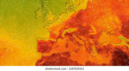 Dresden, Germany - August 5, 2022: Map Of Europe, The Whole EU On Windy Weather Web Service Showing Global Heatwave Of Extreme High Temperature. Concept Of Global Warming And Extreme Weather