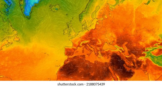 Dresden, Germany - August 5, 2022: Map Of Europe, The Whole EU And North Africa, Middle East On Windy Weather Web Service Showing Global Heat Wave Of Extreme High Temperature. Concept Of Global Warmin