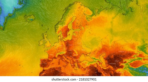 Dresden, Germany - July 21, 2022: Map Of Europe, The Whole EU On Windy Weather Web Service Showing Global Heatwave Of Extreme High Temperature. Concept Of Global Warming And Extreme Weather