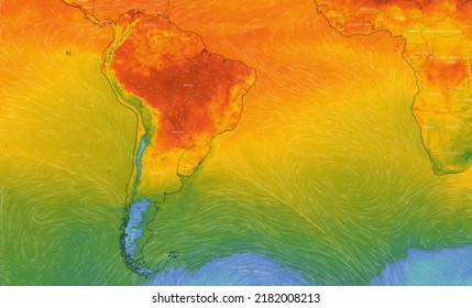 Dresden, Germany - July 21, 2022: Map Of South America On Windy Weather Web Service Showing Global Heat Wave Of Extreme High Temperature. Concept Of Global Warming And Extreme Weather