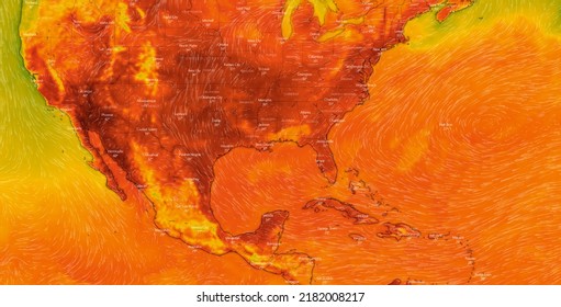 Dresden, Germany - July 21, 2022: Map Central America, Mexico On Windy Weather Web Service Showing Global Heat Wave Of Extreme High Temperature. Concept Of Global Warming And Extreme Weather