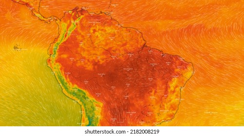 Dresden, Germany - July 21, 2022: Map Of Brazil, And North Of South America On Windy Weather Web Service Showing Global Heat Wave Of Extreme High Temperature. Concept Of Global Warming Extreme Weather