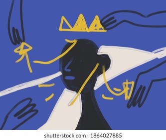 Dress King Portrait With Hand And Crown. Expressionism Painting And Modern Abstract Art . Basquiat Vibe. Art For Print And Poster