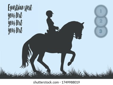 Dressage, horse riding flat vector illustration. Rider-silhouette. The concept of breaking horses, training and domestication. Beautiful horses and a female rider isolated on a blue background.