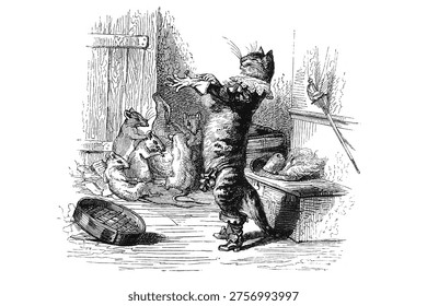 A dressed cat dramatically gestures in a rustic room, captivating a group of attentive rats, old vintage illustration, 1845.