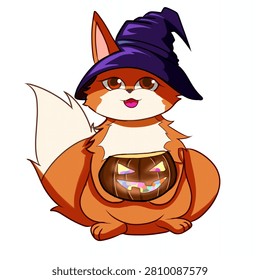 Dressed in a tiny witch hat and carrying a bag full of sweets, this excited little fox dashes from door to door collecting Halloween candy with boundless energy and infectious joy.