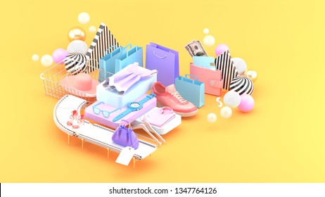Dresses, wristwatches, glasses, handbags, high heels and sneakers surrounded by shopping bags and colorful balls on an orange background.-3d rendering. - Shutterstock ID 1347764126