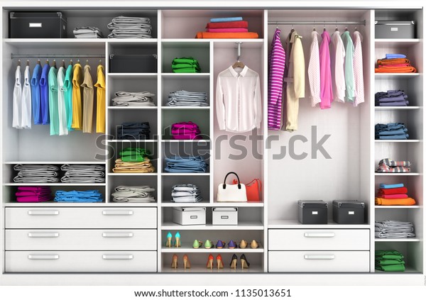Dressing room in bright colors. Closet\
compartment. 3d\
illustration