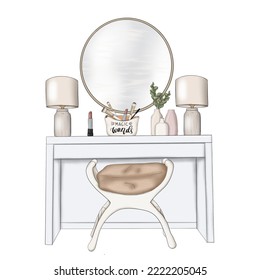Dressing Table Isolated On A White Background Hand Drawn Illustration	