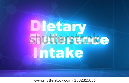 DRI Dietary Reference Intake - system of nutrition recommendations. Acronym text concept background. Neon shine text. 3D render. 3D Illustration