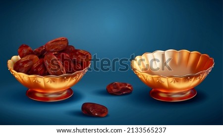 Dried dates in metallic arabesque bowl in 3d illustration isolated on blue background. Sacred staple usually served at Iftar table