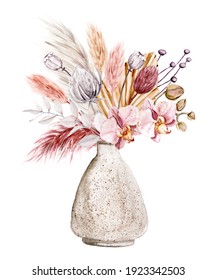 Dried Flowers Watercolor Drawing. Pampas Grass, Tropical Leaves, Wildflowers In Vase.