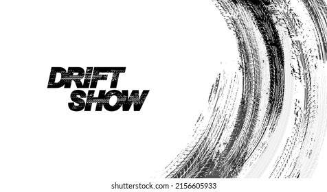 Drift Background Monochrome With Texture Wheel Marks And Drift In Skidding, Rounded Tire Marks. Isolated Texture. Drift Background Illustration