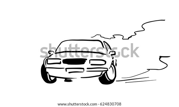 Drift front view. Extreme car driving. Stunt\
trick with a car. Black and white motor car simple hand drawing.\
Sketch at white\
background.