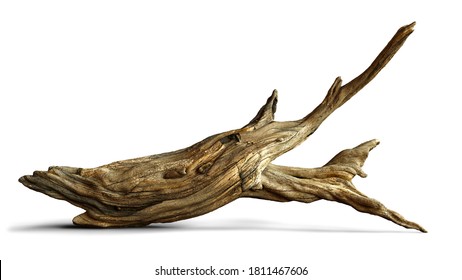 driftwood, aged branch isolated with shadow on white background (3d rendering)