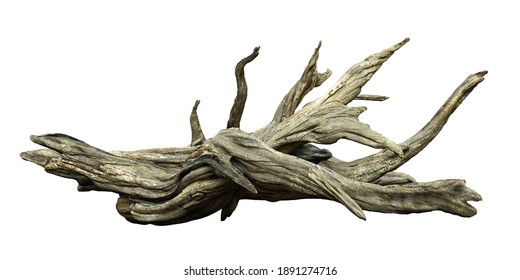 driftwood isolated on white background, aged branches (3d rendering)