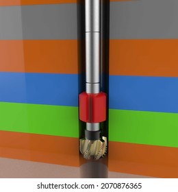 Drill String In Borehole Illustrions 3D Rendering. PDC Drilling Bit With Stabilizer And Drill Pipe, Drilling Equipment In  Oil And Gas Industry