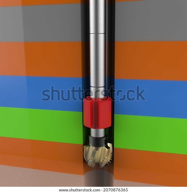 Drill string in borehole illustrions 3D\
rendering. PDC drilling bit with stabilizer and drill pipe,\
drilling equipment in  oil and gas\
industry