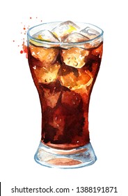 Drink Cola In Glass With  Ice Cubes. Watercolor Hand Drawn Illustration, Isolated On White Background