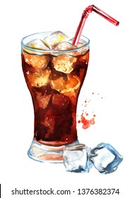 Drink Cola In Glass With Straw And  Ice Cubes. Watercolor Hand Drawn Illustration, Isolated On White Background