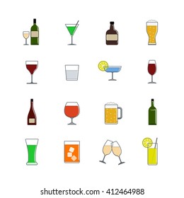 Drink color icon set in flat design style | Alcohol drinks   cocktails icons isolated white