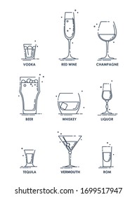 Drink Glass. Alcohol Concept. Beverage Icon Set. Line Design. Vodka, Wine, Champagne, Whiskey, Liquor, Beer, Tequila, Rom, Martini. Cartoon Illustration Isolated On White Background In Flat Style.
