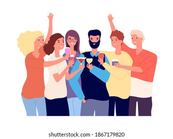 Drinking friends. Group of funny guys clink glasses with alcohol drinks and make toast. Christmas celebration flat concept - Powered by Shutterstock