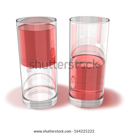 Drinking glasses half full, half empty,positive, negative thinking, 3d rendering isolated on white background
