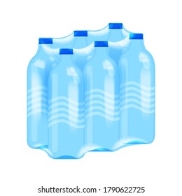 Drinking Water Bottle 6 Pack In Plastic Wrap Isolated On White, Bottle Water Drink In Shrink Film Clear Plastic Wrap