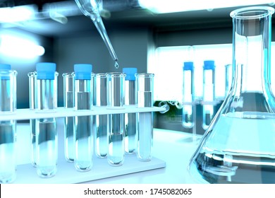 Drinking Water Quality Test For Viruses (like Covid-2019) Concept - Lab Test-tubes In Modern Microbiology Research Office, Medical 3D Illustration