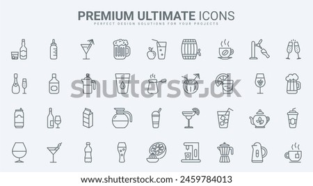 Drinks thin line icons set illustration. Outline restaurant and bar menu collection with mineral water, alcohol cocktails and fruit vitamin juice, hot coffee and tea, champagne and beer glass
