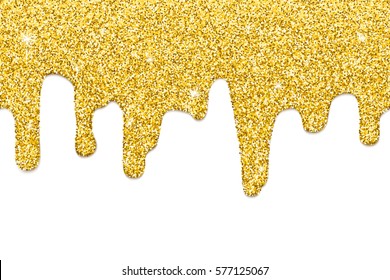 Dripping gold glitter, seamless border. Repeatable illustration of golden paint flow down. Raster version