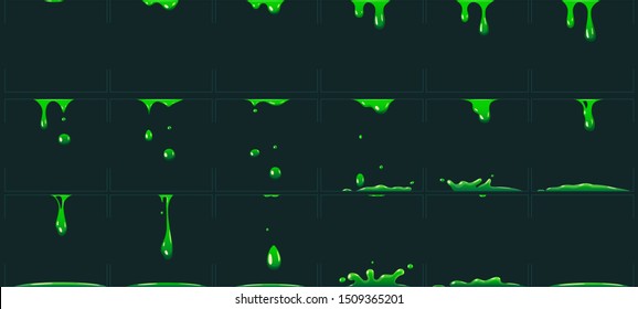 Dripping Green Slime Animation. Cartoon Animated Toxic Waste Liquid. Acid Or Poison Drip Drop Fx Sprite, Atomic Nuclear Waste Phlegm Or Danger Chemical Splash For Game  Illustration