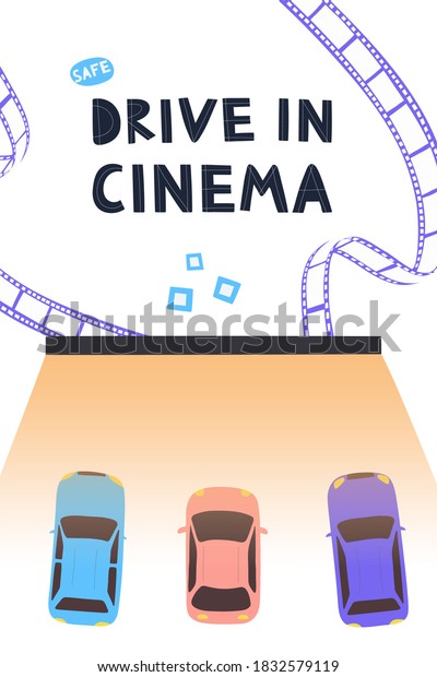 Drive in cinema with automobiles stand\
in open air parking. Large outdoor screen with movie scene glowing\
in darkness on white background. Flat\
illustration